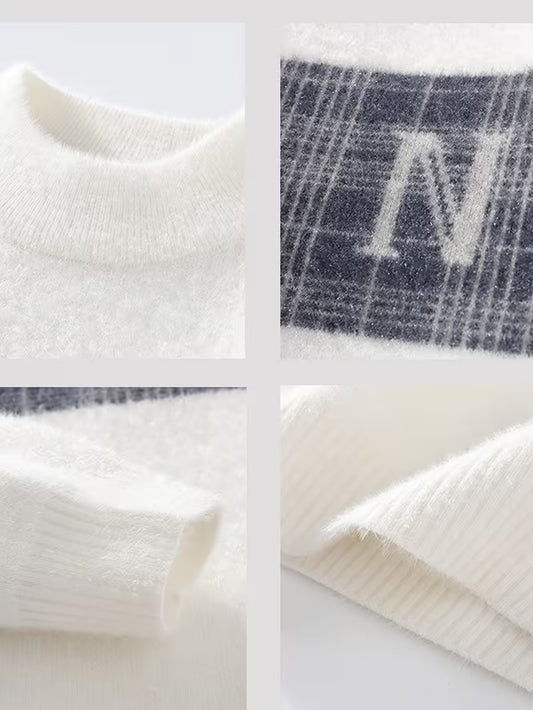 White Plaid Stripe Knit Sweater – Soft Winter Pullover with “N” Logo