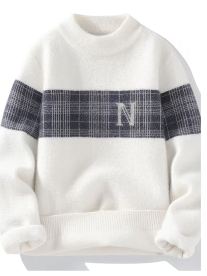 White Plaid Stripe Knit Sweater – Soft Winter Pullover with “N” Logo