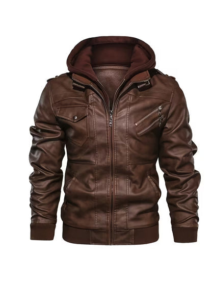 Hooded Leather Jacket – Faux Leather Biker Style Winter Coat
