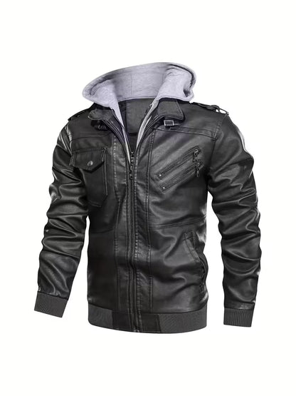 Hooded Leather Jacket – Faux Leather Biker Style Winter Coat