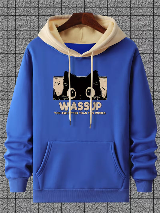 Cat Graphic Hoodie – “Wassup” Cute Streetwear Pullover
