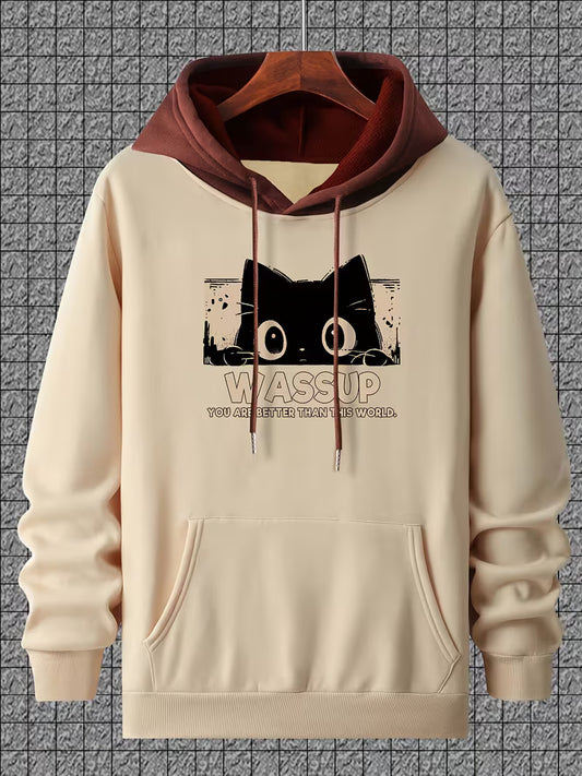 Cat Graphic Hoodie – “Wassup” Cute Streetwear Pullover
