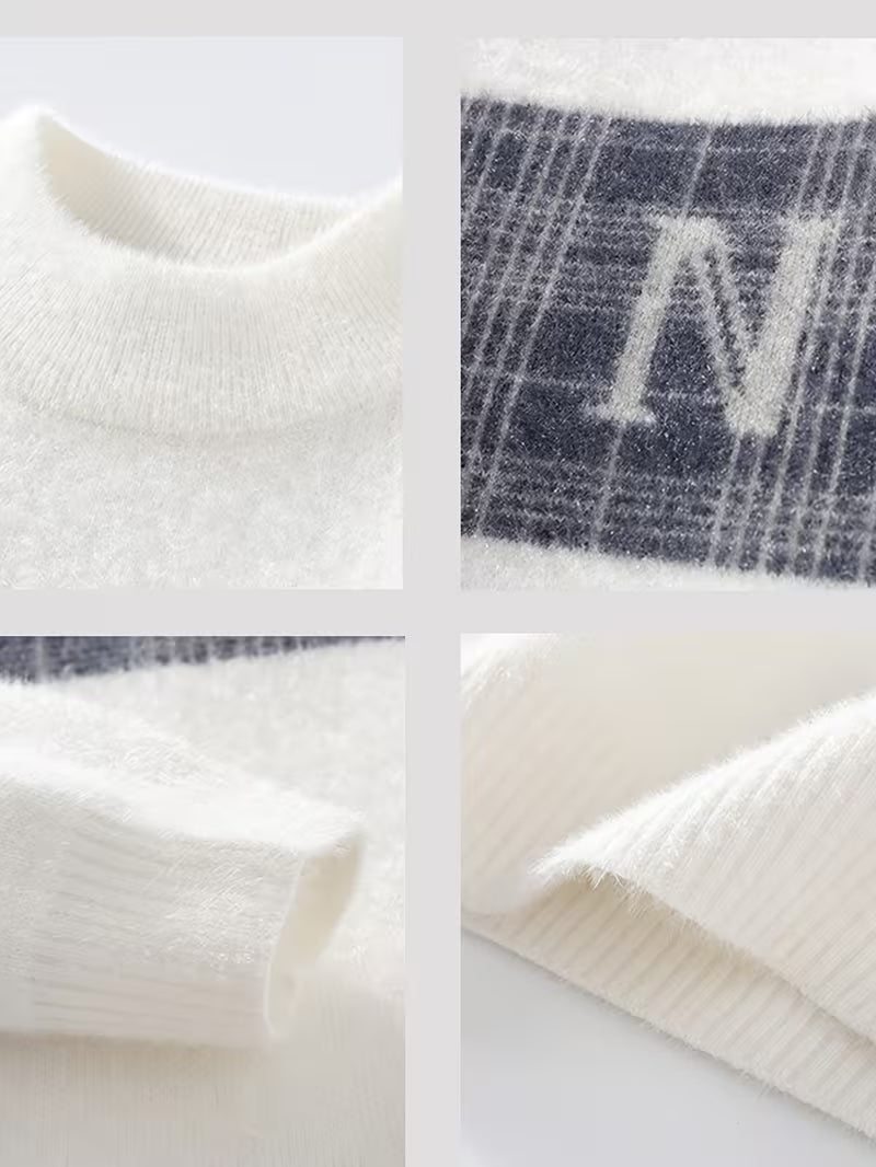 White Plaid Stripe Knit Sweater – Soft Winter Pullover with “N” Logo