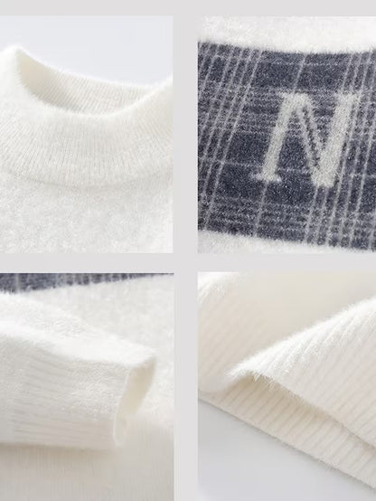 White Plaid Stripe Knit Sweater – Soft Winter Pullover with “N” Logo