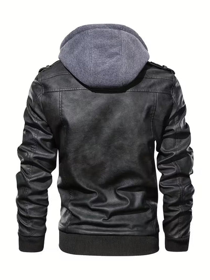 Hooded Leather Jacket – Faux Leather Biker Style Winter Coat